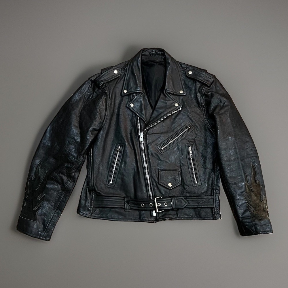 VTG 90s Mens Black Leather Biker Motorcycle Grunge Punk Rocker Flames Jacket  M